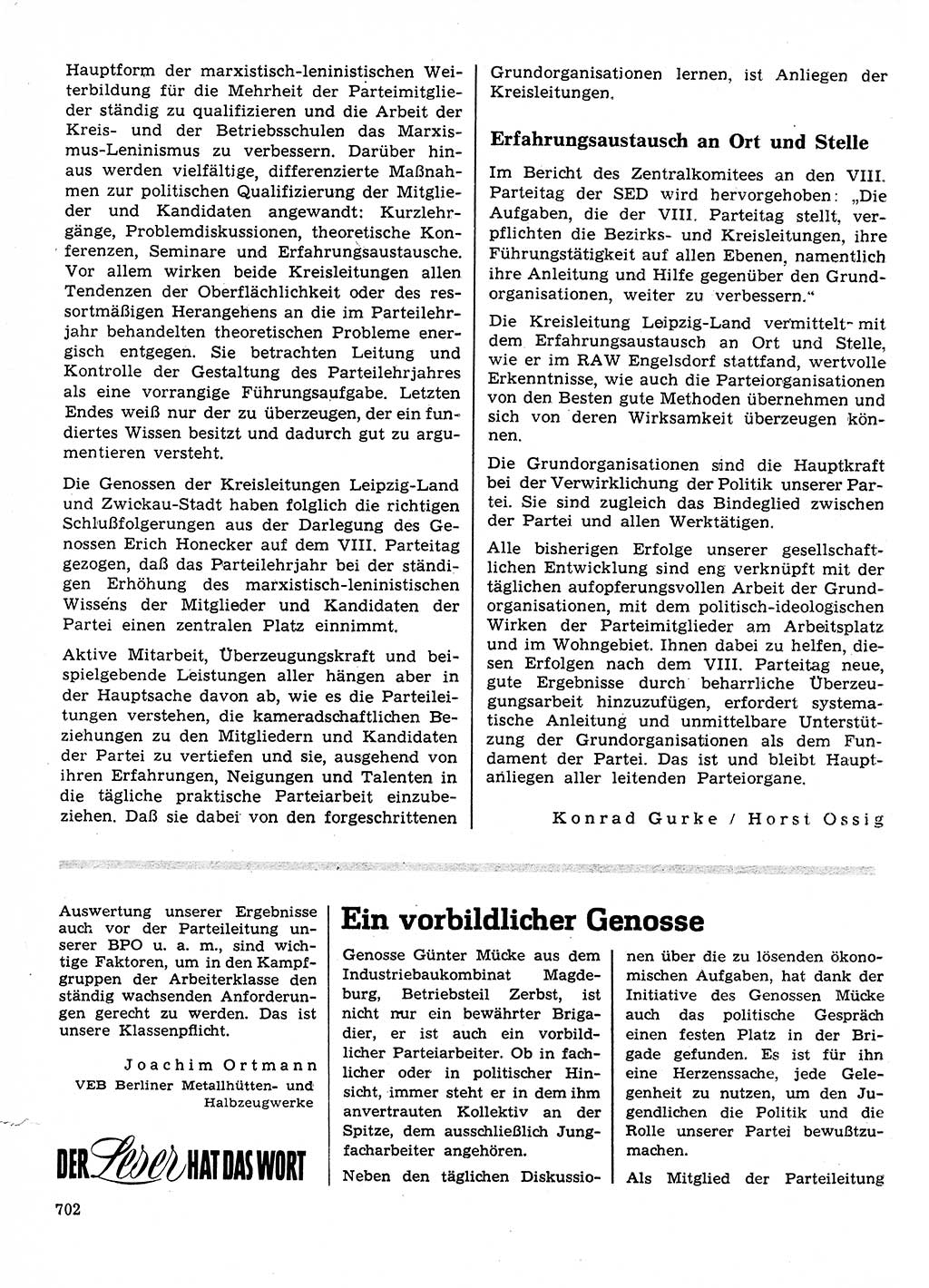 Neuer Weg (NW), Organ des Zentralkomitees (ZK) der SED (Sozialistische Einheitspartei Deutschlands) für Fragen des Parteilebens, 26. Jahrgang [Deutsche Demokratische Republik (DDR)] 1971, Seite 702 (NW ZK SED DDR 1971, S. 702)