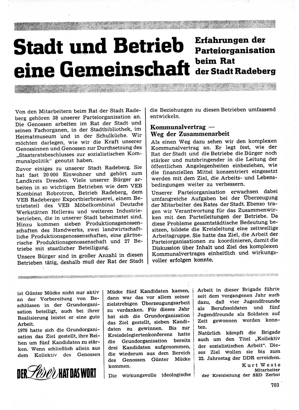 Neuer Weg (NW), Organ des Zentralkomitees (ZK) der SED (Sozialistische Einheitspartei Deutschlands) für Fragen des Parteilebens, 26. Jahrgang [Deutsche Demokratische Republik (DDR)] 1971, Seite 703 (NW ZK SED DDR 1971, S. 703)