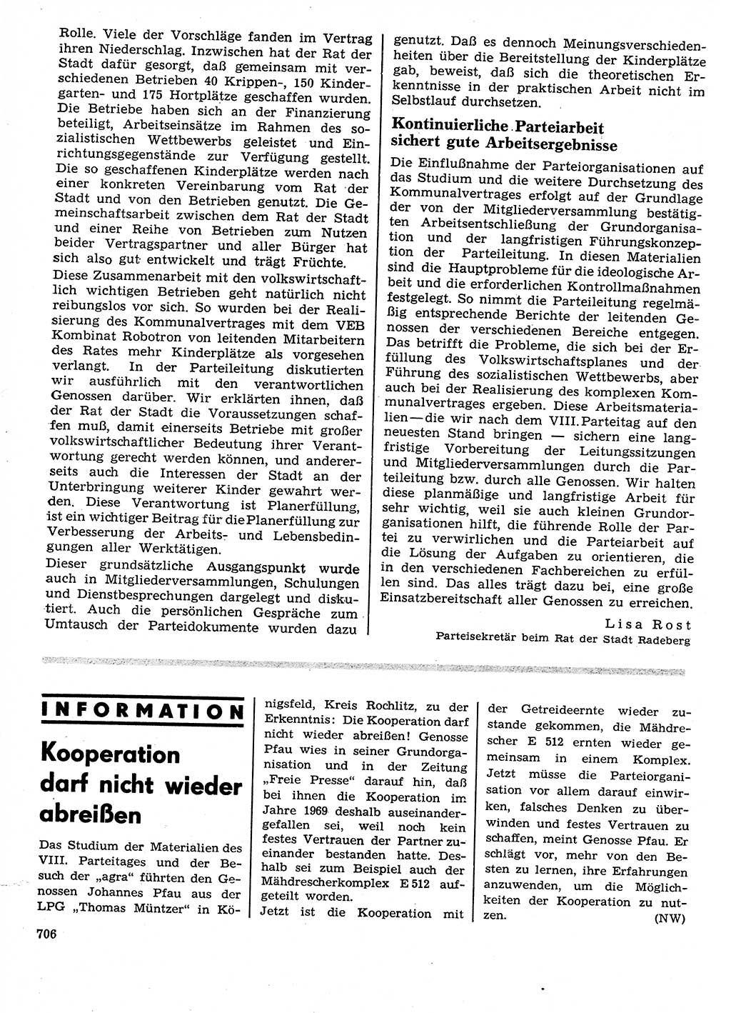 Neuer Weg (NW), Organ des Zentralkomitees (ZK) der SED (Sozialistische Einheitspartei Deutschlands) für Fragen des Parteilebens, 26. Jahrgang [Deutsche Demokratische Republik (DDR)] 1971, Seite 706 (NW ZK SED DDR 1971, S. 706)