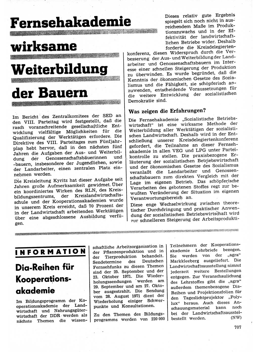 Neuer Weg (NW), Organ des Zentralkomitees (ZK) der SED (Sozialistische Einheitspartei Deutschlands) für Fragen des Parteilebens, 26. Jahrgang [Deutsche Demokratische Republik (DDR)] 1971, Seite 707 (NW ZK SED DDR 1971, S. 707)