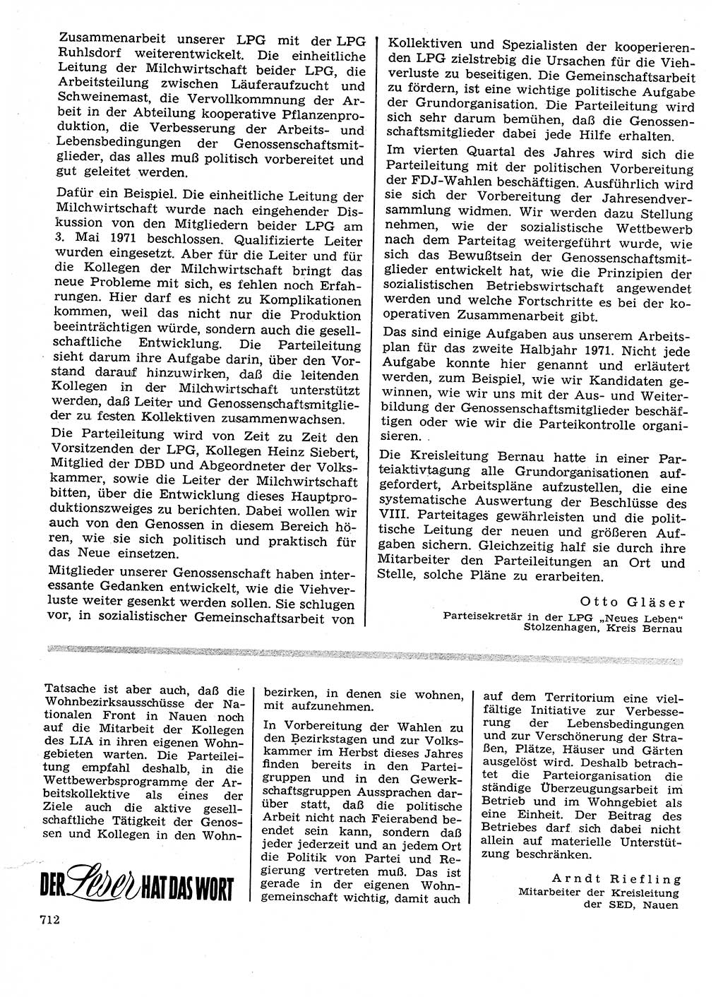 Neuer Weg (NW), Organ des Zentralkomitees (ZK) der SED (Sozialistische Einheitspartei Deutschlands) für Fragen des Parteilebens, 26. Jahrgang [Deutsche Demokratische Republik (DDR)] 1971, Seite 712 (NW ZK SED DDR 1971, S. 712)