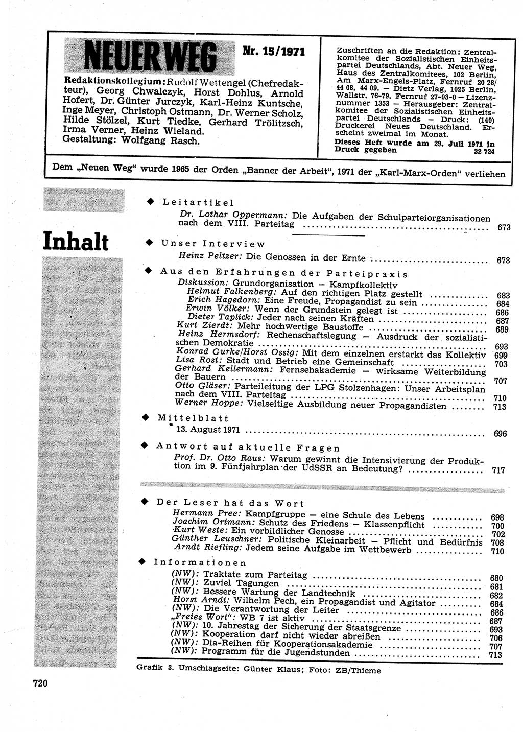 Neuer Weg (NW), Organ des Zentralkomitees (ZK) der SED (Sozialistische Einheitspartei Deutschlands) für Fragen des Parteilebens, 26. Jahrgang [Deutsche Demokratische Republik (DDR)] 1971, Seite 720 (NW ZK SED DDR 1971, S. 720)