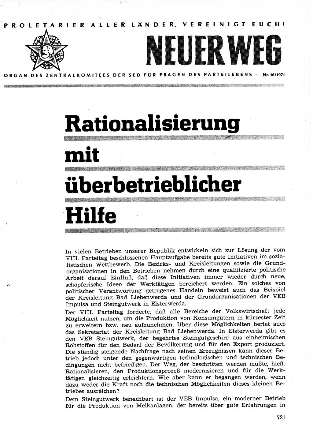 Neuer Weg (NW), Organ des Zentralkomitees (ZK) der SED (Sozialistische Einheitspartei Deutschlands) für Fragen des Parteilebens, 26. Jahrgang [Deutsche Demokratische Republik (DDR)] 1971, Seite 721 (NW ZK SED DDR 1971, S. 721)