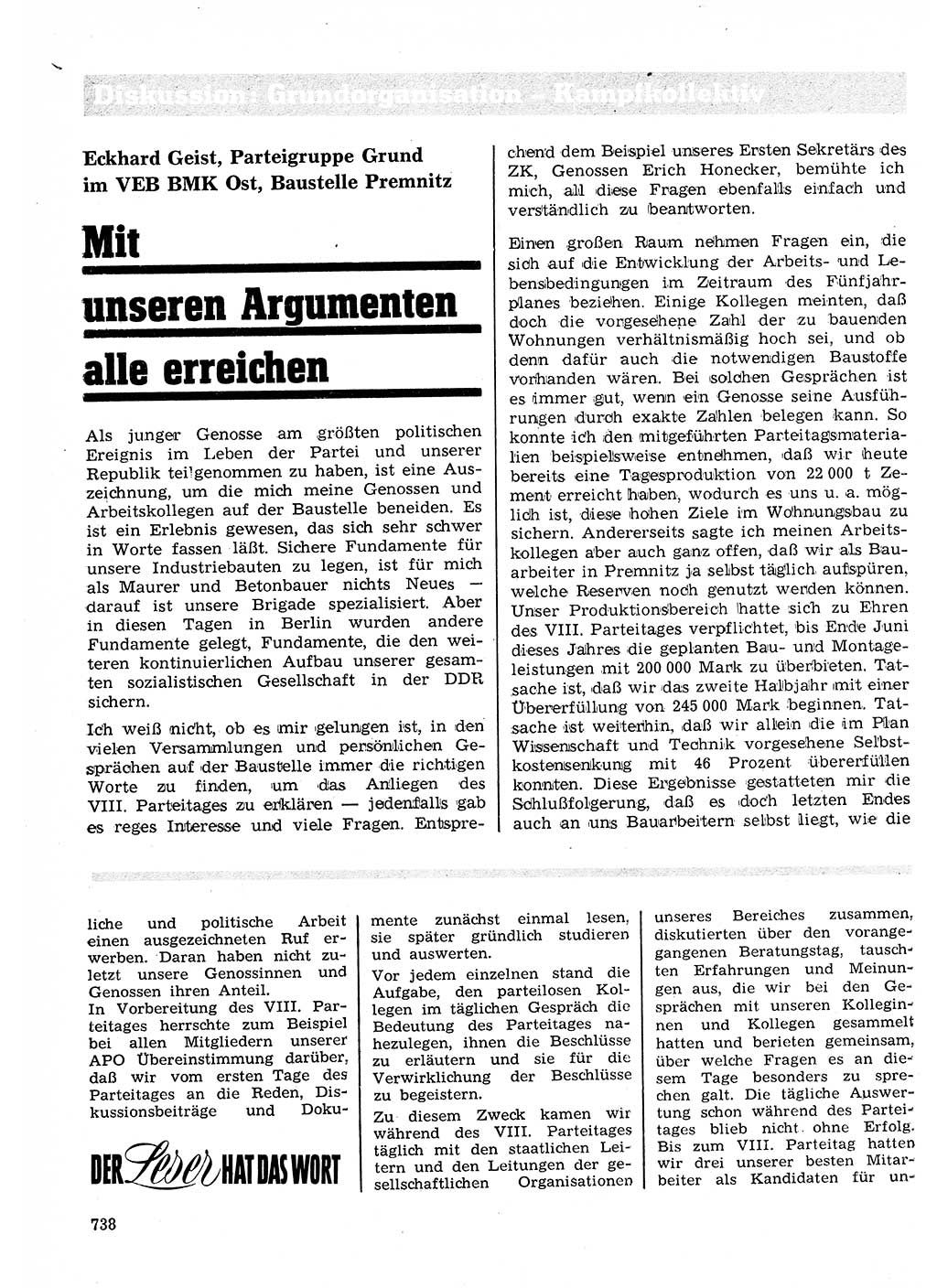 Neuer Weg (NW), Organ des Zentralkomitees (ZK) der SED (Sozialistische Einheitspartei Deutschlands) für Fragen des Parteilebens, 26. Jahrgang [Deutsche Demokratische Republik (DDR)] 1971, Seite 738 (NW ZK SED DDR 1971, S. 738)