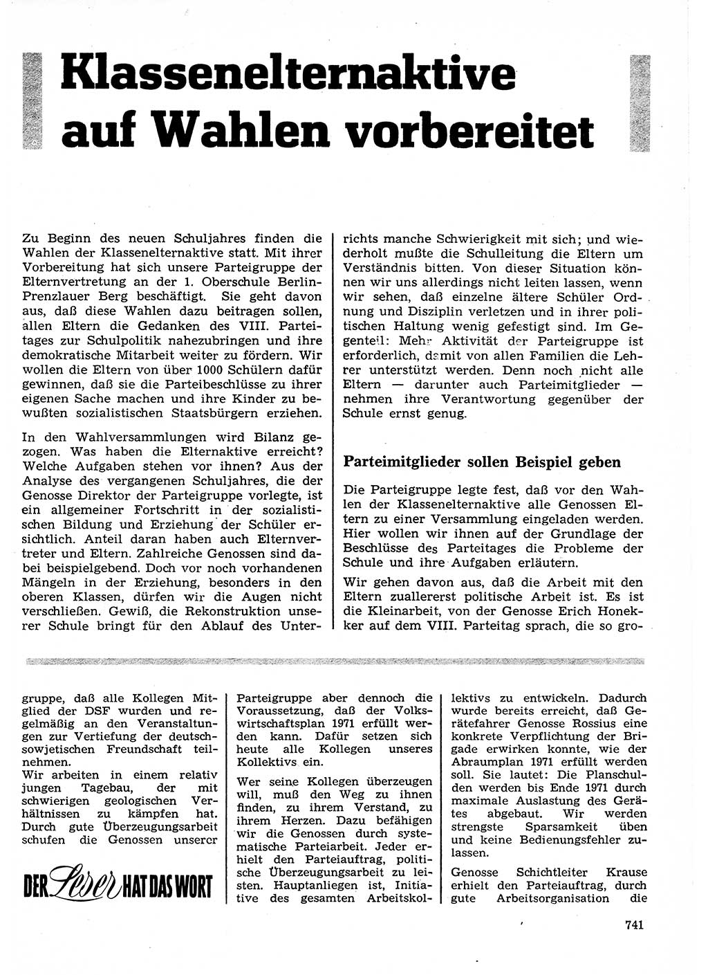 Neuer Weg (NW), Organ des Zentralkomitees (ZK) der SED (Sozialistische Einheitspartei Deutschlands) für Fragen des Parteilebens, 26. Jahrgang [Deutsche Demokratische Republik (DDR)] 1971, Seite 741 (NW ZK SED DDR 1971, S. 741)