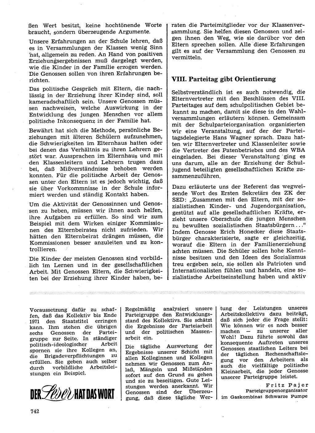 Neuer Weg (NW), Organ des Zentralkomitees (ZK) der SED (Sozialistische Einheitspartei Deutschlands) für Fragen des Parteilebens, 26. Jahrgang [Deutsche Demokratische Republik (DDR)] 1971, Seite 742 (NW ZK SED DDR 1971, S. 742)