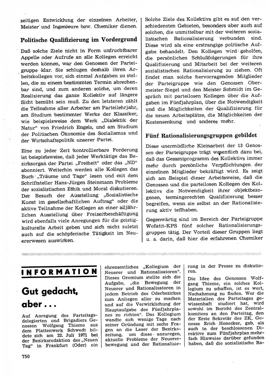 Neuer Weg (NW), Organ des Zentralkomitees (ZK) der SED (Sozialistische Einheitspartei Deutschlands) für Fragen des Parteilebens, 26. Jahrgang [Deutsche Demokratische Republik (DDR)] 1971, Seite 750 (NW ZK SED DDR 1971, S. 750)