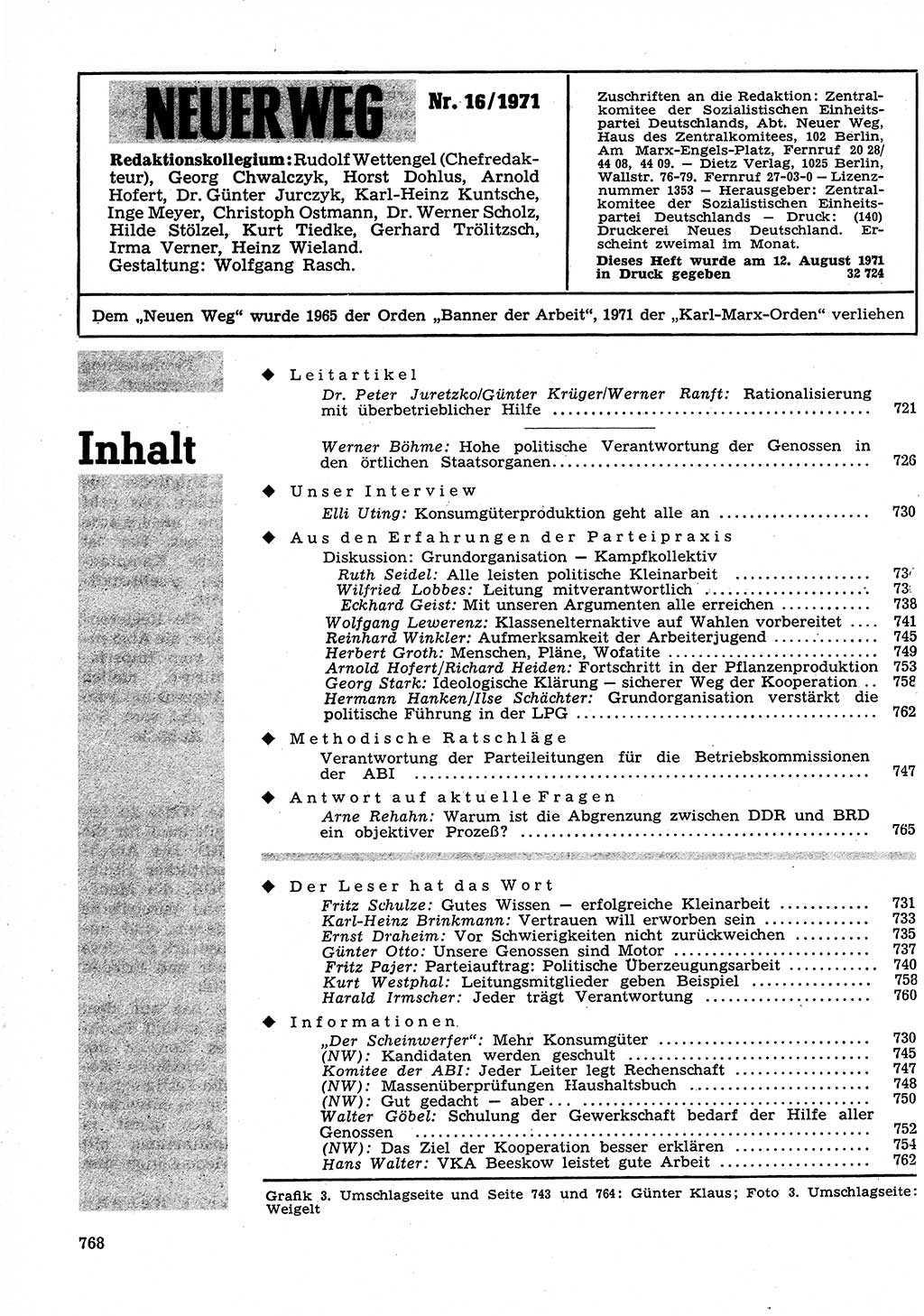 Neuer Weg (NW), Organ des Zentralkomitees (ZK) der SED (Sozialistische Einheitspartei Deutschlands) für Fragen des Parteilebens, 26. Jahrgang [Deutsche Demokratische Republik (DDR)] 1971, Seite 768 (NW ZK SED DDR 1971, S. 768)