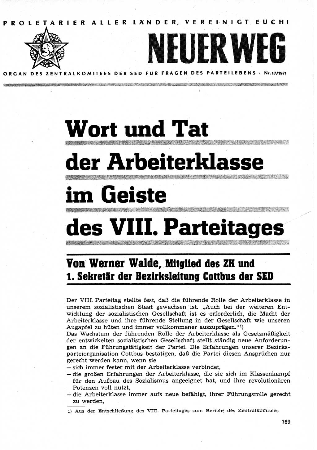 Neuer Weg (NW), Organ des Zentralkomitees (ZK) der SED (Sozialistische Einheitspartei Deutschlands) für Fragen des Parteilebens, 26. Jahrgang [Deutsche Demokratische Republik (DDR)] 1971, Seite 769 (NW ZK SED DDR 1971, S. 769)