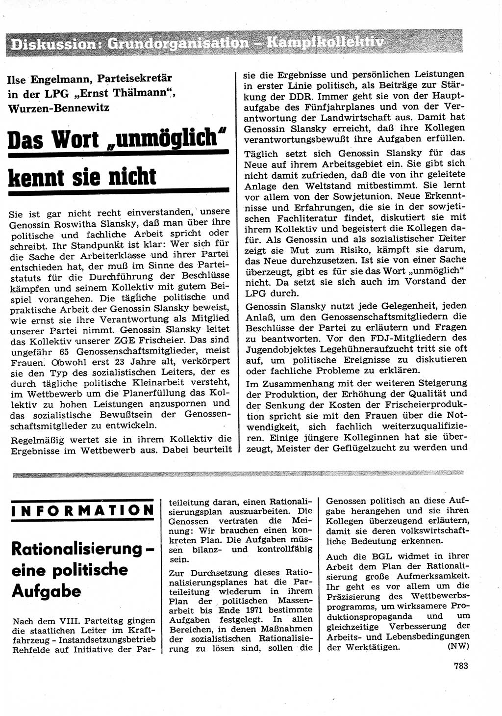 Neuer Weg (NW), Organ des Zentralkomitees (ZK) der SED (Sozialistische Einheitspartei Deutschlands) für Fragen des Parteilebens, 26. Jahrgang [Deutsche Demokratische Republik (DDR)] 1971, Seite 783 (NW ZK SED DDR 1971, S. 783)