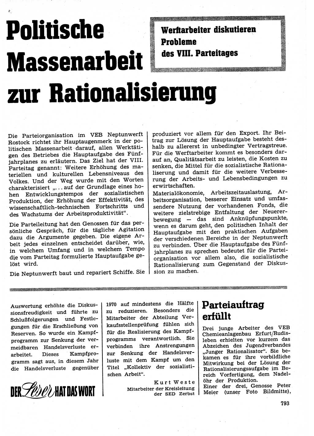 Neuer Weg (NW), Organ des Zentralkomitees (ZK) der SED (Sozialistische Einheitspartei Deutschlands) für Fragen des Parteilebens, 26. Jahrgang [Deutsche Demokratische Republik (DDR)] 1971, Seite 793 (NW ZK SED DDR 1971, S. 793)