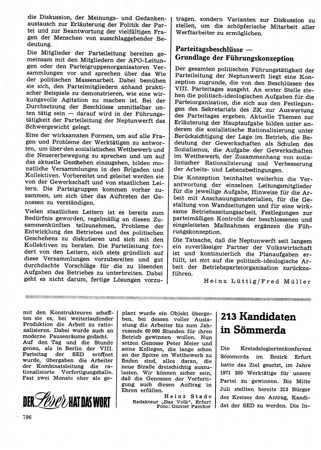 Neuer Weg (NW), Organ des Zentralkomitees (ZK) der SED (Sozialistische Einheitspartei Deutschlands) für Fragen des Parteilebens, 26. Jahrgang [Deutsche Demokratische Republik (DDR)] 1971, Seite 796 (NW ZK SED DDR 1971, S. 796)