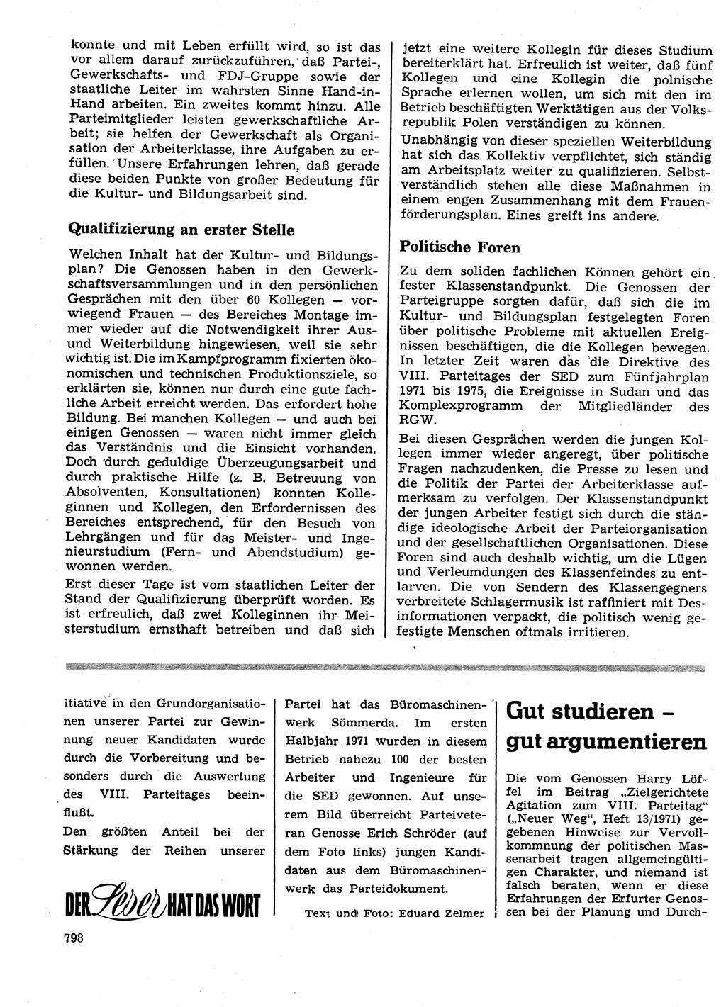 Neuer Weg (NW), Organ des Zentralkomitees (ZK) der SED (Sozialistische Einheitspartei Deutschlands) für Fragen des Parteilebens, 26. Jahrgang [Deutsche Demokratische Republik (DDR)] 1971, Seite 798 (NW ZK SED DDR 1971, S. 798)