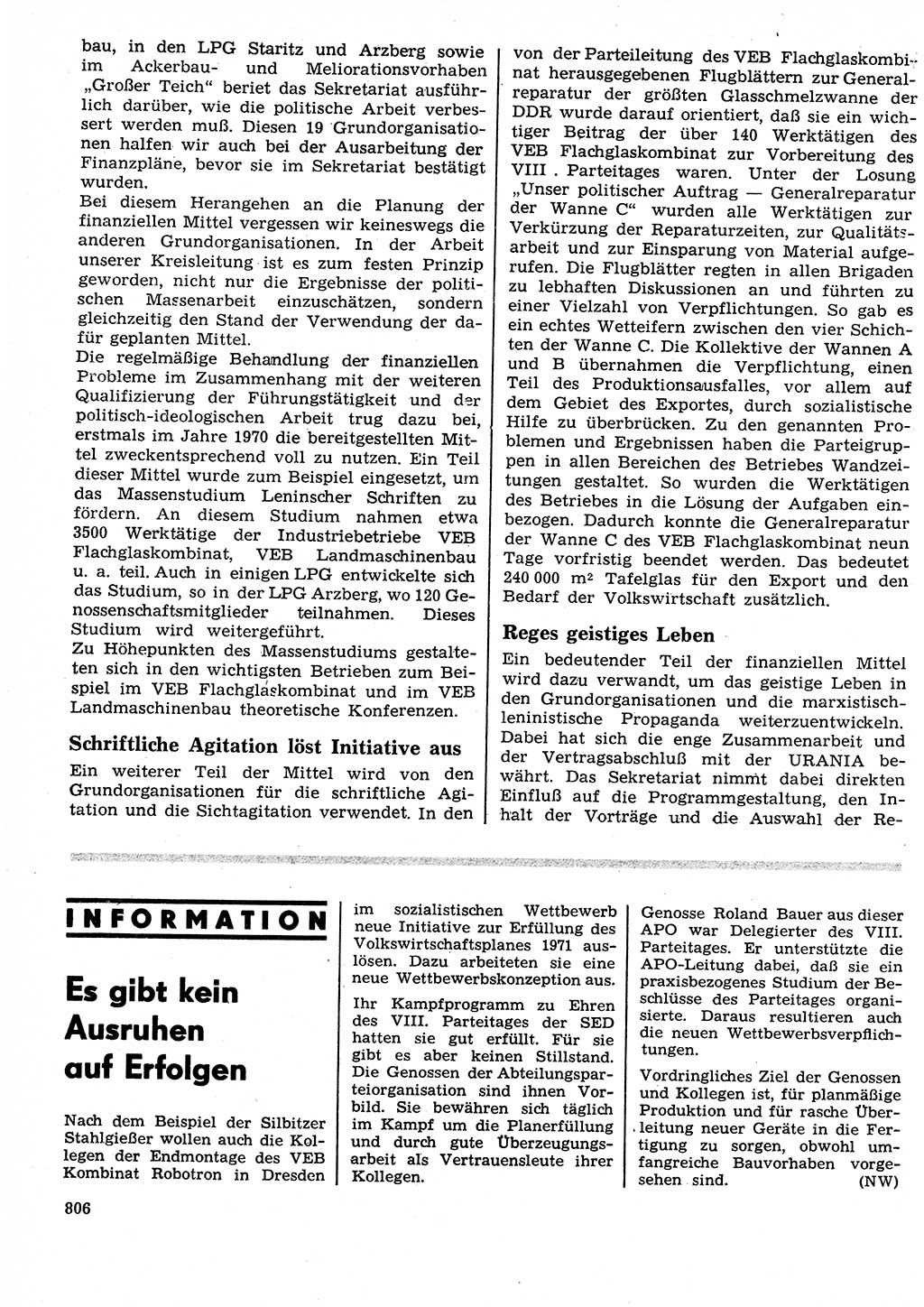 Neuer Weg (NW), Organ des Zentralkomitees (ZK) der SED (Sozialistische Einheitspartei Deutschlands) für Fragen des Parteilebens, 26. Jahrgang [Deutsche Demokratische Republik (DDR)] 1971, Seite 806 (NW ZK SED DDR 1971, S. 806)