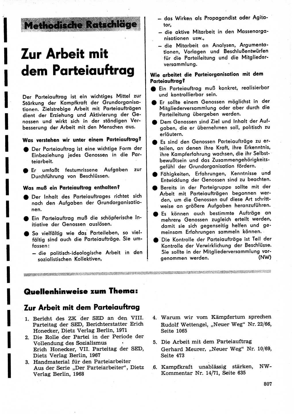 Neuer Weg (NW), Organ des Zentralkomitees (ZK) der SED (Sozialistische Einheitspartei Deutschlands) für Fragen des Parteilebens, 26. Jahrgang [Deutsche Demokratische Republik (DDR)] 1971, Seite 807 (NW ZK SED DDR 1971, S. 807)