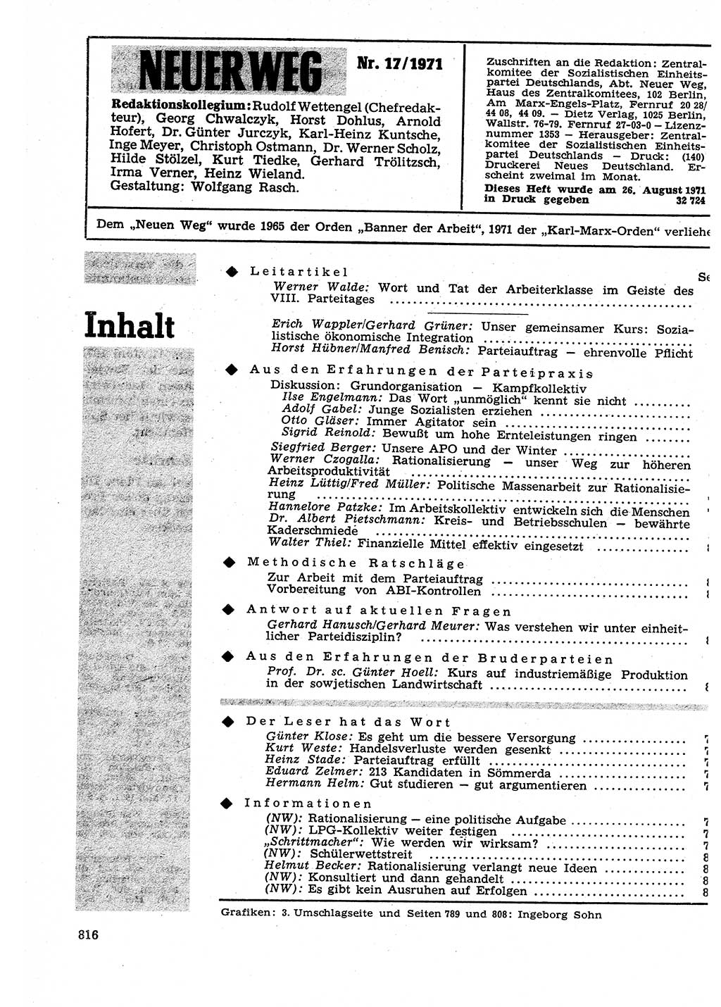 Neuer Weg (NW), Organ des Zentralkomitees (ZK) der SED (Sozialistische Einheitspartei Deutschlands) für Fragen des Parteilebens, 26. Jahrgang [Deutsche Demokratische Republik (DDR)] 1971, Seite 816 (NW ZK SED DDR 1971, S. 816)