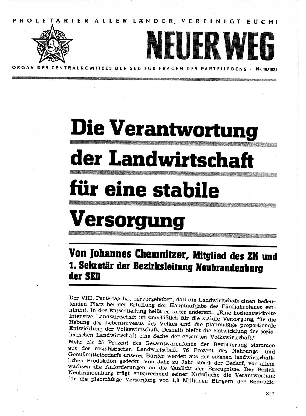 Neuer Weg (NW), Organ des Zentralkomitees (ZK) der SED (Sozialistische Einheitspartei Deutschlands) für Fragen des Parteilebens, 26. Jahrgang [Deutsche Demokratische Republik (DDR)] 1971, Seite 817 (NW ZK SED DDR 1971, S. 817)