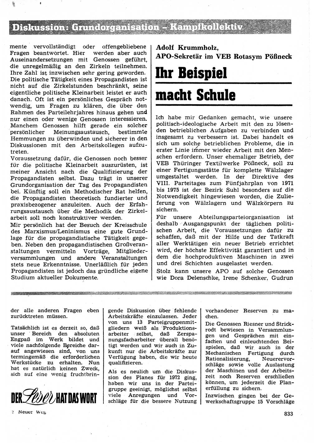 Neuer Weg (NW), Organ des Zentralkomitees (ZK) der SED (Sozialistische Einheitspartei Deutschlands) für Fragen des Parteilebens, 26. Jahrgang [Deutsche Demokratische Republik (DDR)] 1971, Seite 833 (NW ZK SED DDR 1971, S. 833)