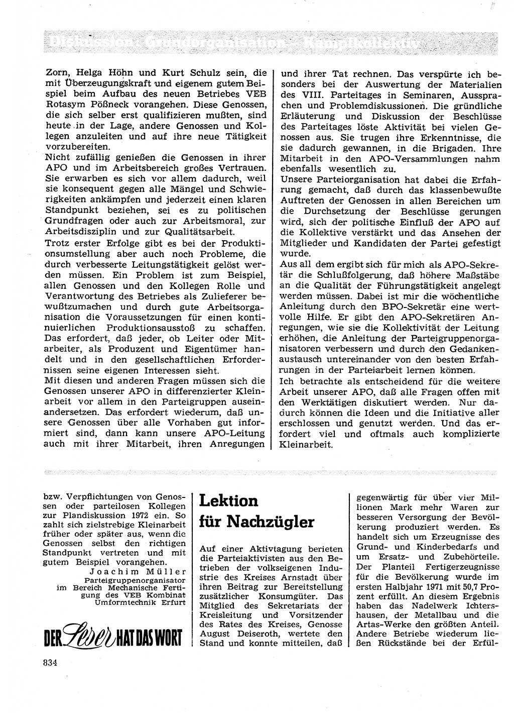 Neuer Weg (NW), Organ des Zentralkomitees (ZK) der SED (Sozialistische Einheitspartei Deutschlands) für Fragen des Parteilebens, 26. Jahrgang [Deutsche Demokratische Republik (DDR)] 1971, Seite 834 (NW ZK SED DDR 1971, S. 834)