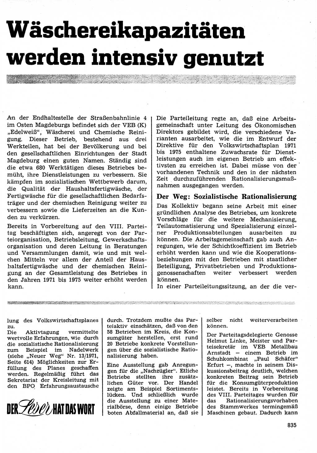 Neuer Weg (NW), Organ des Zentralkomitees (ZK) der SED (Sozialistische Einheitspartei Deutschlands) für Fragen des Parteilebens, 26. Jahrgang [Deutsche Demokratische Republik (DDR)] 1971, Seite 835 (NW ZK SED DDR 1971, S. 835)