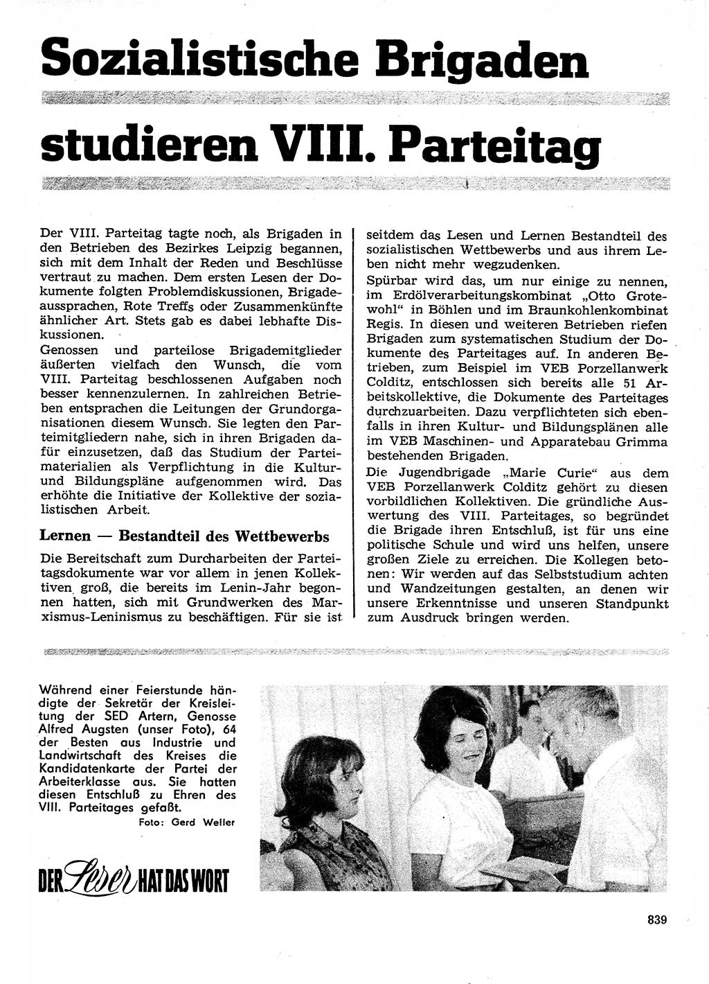 Neuer Weg (NW), Organ des Zentralkomitees (ZK) der SED (Sozialistische Einheitspartei Deutschlands) für Fragen des Parteilebens, 26. Jahrgang [Deutsche Demokratische Republik (DDR)] 1971, Seite 839 (NW ZK SED DDR 1971, S. 839)