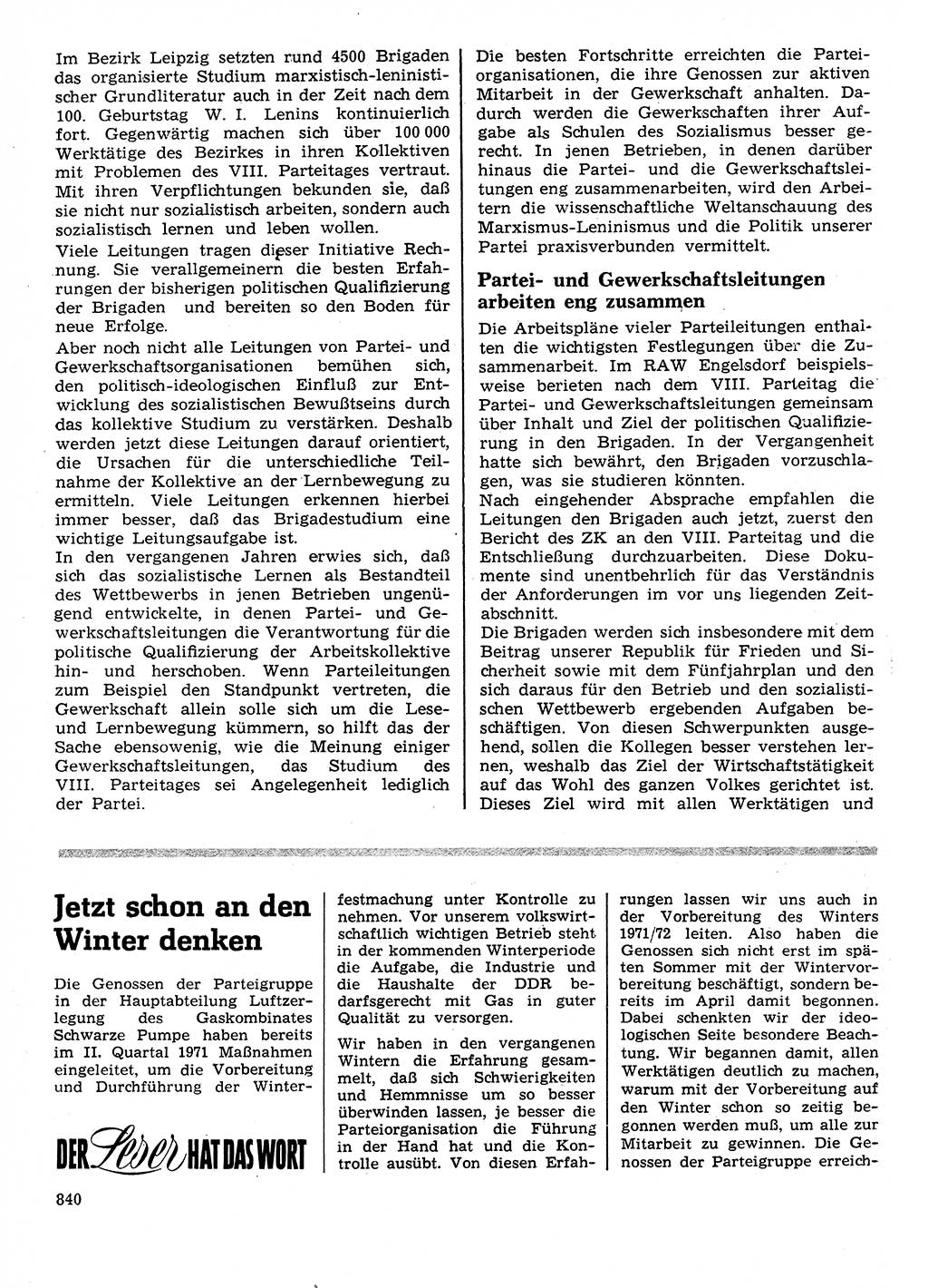 Neuer Weg (NW), Organ des Zentralkomitees (ZK) der SED (Sozialistische Einheitspartei Deutschlands) für Fragen des Parteilebens, 26. Jahrgang [Deutsche Demokratische Republik (DDR)] 1971, Seite 840 (NW ZK SED DDR 1971, S. 840)