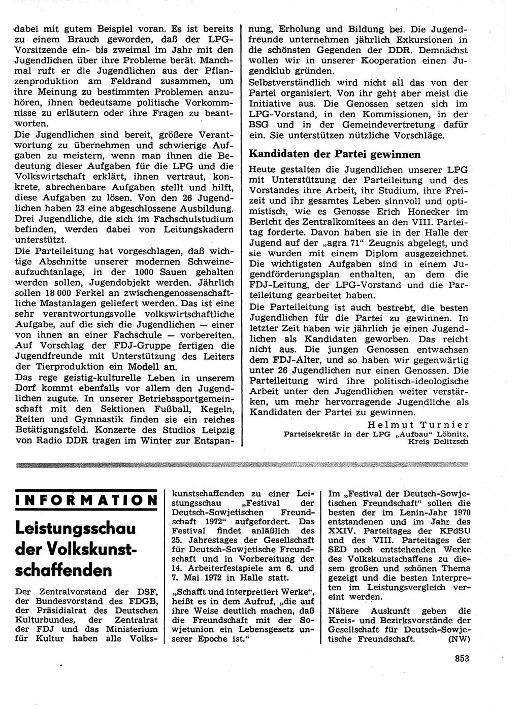 Neuer Weg (NW), Organ des Zentralkomitees (ZK) der SED (Sozialistische Einheitspartei Deutschlands) für Fragen des Parteilebens, 26. Jahrgang [Deutsche Demokratische Republik (DDR)] 1971, Seite 853 (NW ZK SED DDR 1971, S. 853)