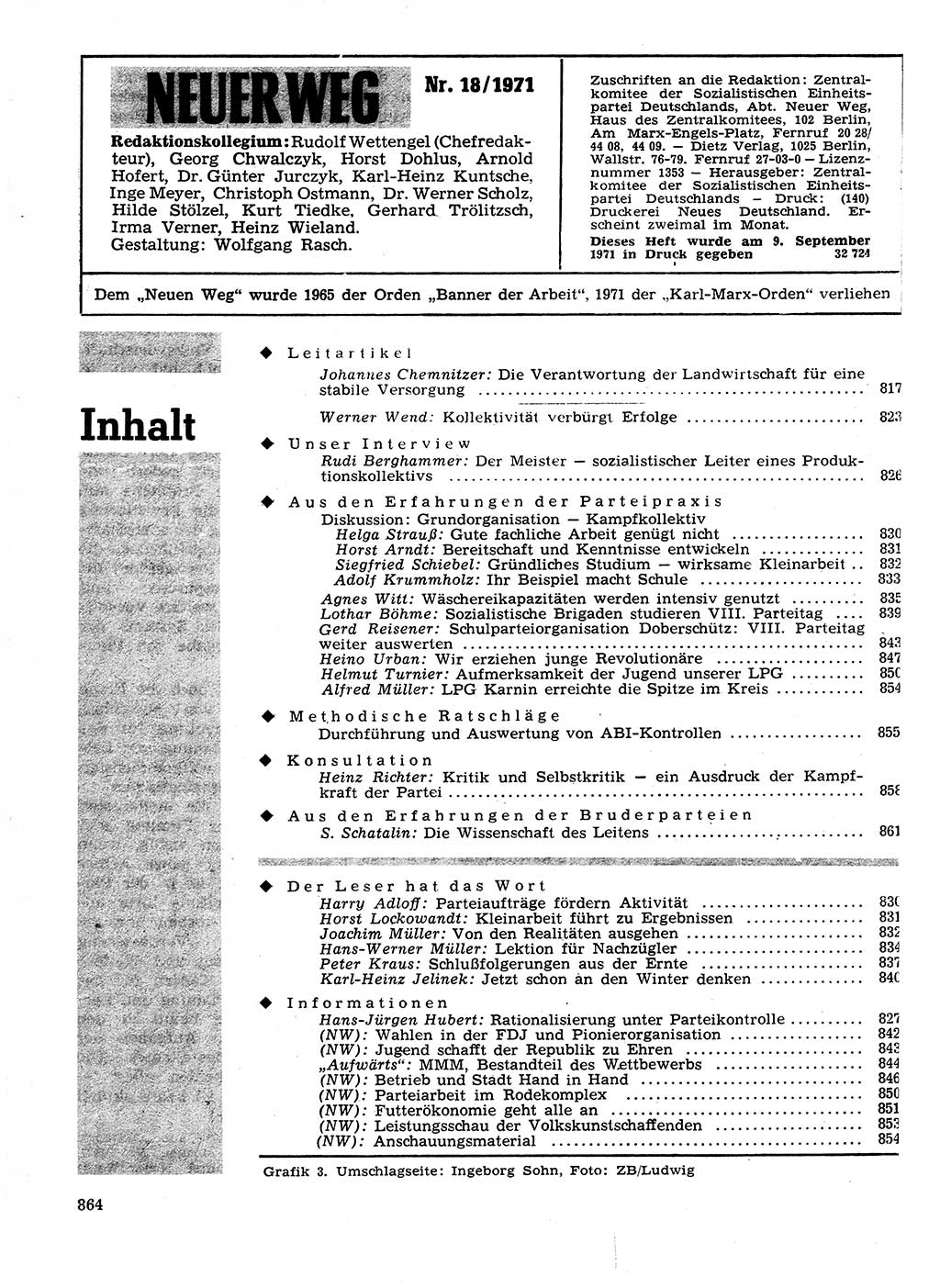 Neuer Weg (NW), Organ des Zentralkomitees (ZK) der SED (Sozialistische Einheitspartei Deutschlands) für Fragen des Parteilebens, 26. Jahrgang [Deutsche Demokratische Republik (DDR)] 1971, Seite 864 (NW ZK SED DDR 1971, S. 864)