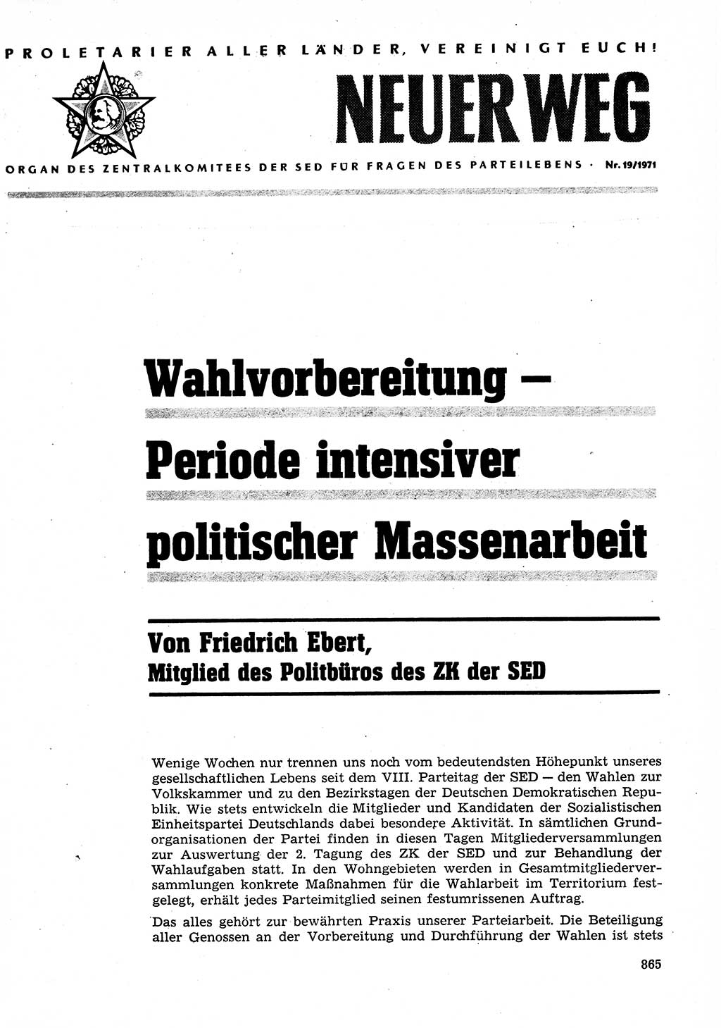 Neuer Weg (NW), Organ des Zentralkomitees (ZK) der SED (Sozialistische Einheitspartei Deutschlands) für Fragen des Parteilebens, 26. Jahrgang [Deutsche Demokratische Republik (DDR)] 1971, Seite 865 (NW ZK SED DDR 1971, S. 865)