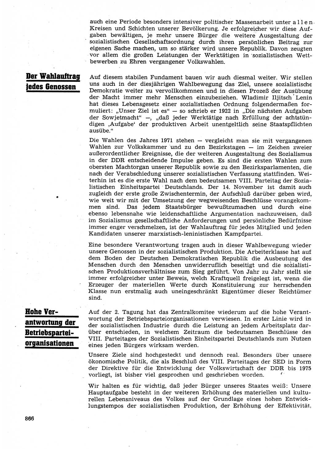 Neuer Weg (NW), Organ des Zentralkomitees (ZK) der SED (Sozialistische Einheitspartei Deutschlands) für Fragen des Parteilebens, 26. Jahrgang [Deutsche Demokratische Republik (DDR)] 1971, Seite 866 (NW ZK SED DDR 1971, S. 866)