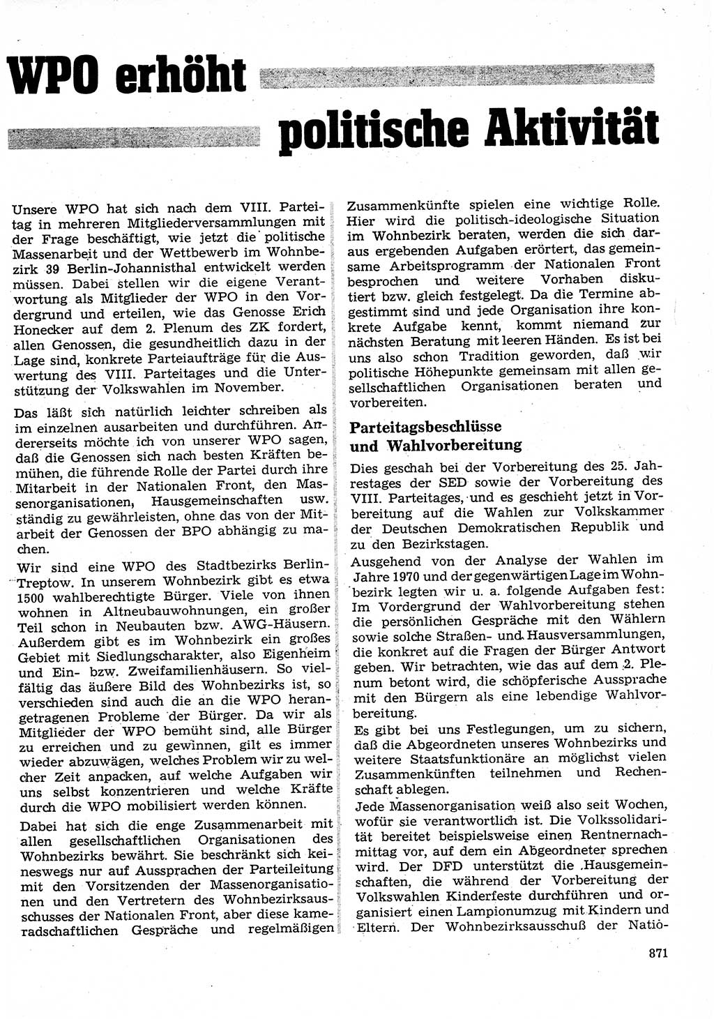 Neuer Weg (NW), Organ des Zentralkomitees (ZK) der SED (Sozialistische Einheitspartei Deutschlands) für Fragen des Parteilebens, 26. Jahrgang [Deutsche Demokratische Republik (DDR)] 1971, Seite 871 (NW ZK SED DDR 1971, S. 871)