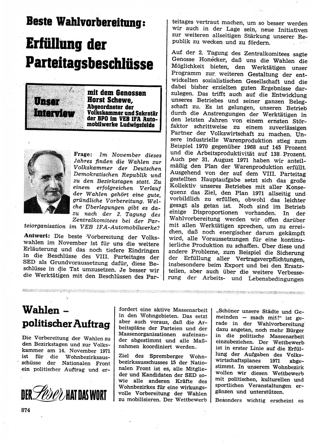 Neuer Weg (NW), Organ des Zentralkomitees (ZK) der SED (Sozialistische Einheitspartei Deutschlands) für Fragen des Parteilebens, 26. Jahrgang [Deutsche Demokratische Republik (DDR)] 1971, Seite 874 (NW ZK SED DDR 1971, S. 874)