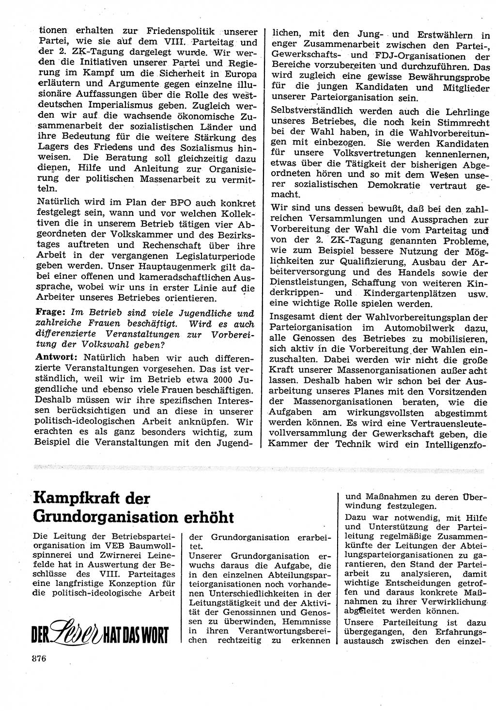 Neuer Weg (NW), Organ des Zentralkomitees (ZK) der SED (Sozialistische Einheitspartei Deutschlands) für Fragen des Parteilebens, 26. Jahrgang [Deutsche Demokratische Republik (DDR)] 1971, Seite 876 (NW ZK SED DDR 1971, S. 876)