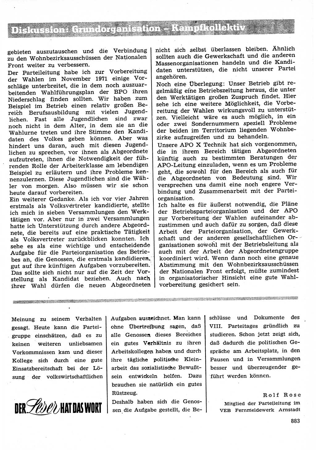 Neuer Weg (NW), Organ des Zentralkomitees (ZK) der SED (Sozialistische Einheitspartei Deutschlands) für Fragen des Parteilebens, 26. Jahrgang [Deutsche Demokratische Republik (DDR)] 1971, Seite 883 (NW ZK SED DDR 1971, S. 883)