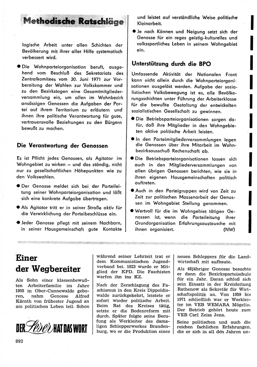 Neuer Weg (NW), Organ des Zentralkomitees (ZK) der SED (Sozialistische Einheitspartei Deutschlands) für Fragen des Parteilebens, 26. Jahrgang [Deutsche Demokratische Republik (DDR)] 1971, Seite 892 (NW ZK SED DDR 1971, S. 892)