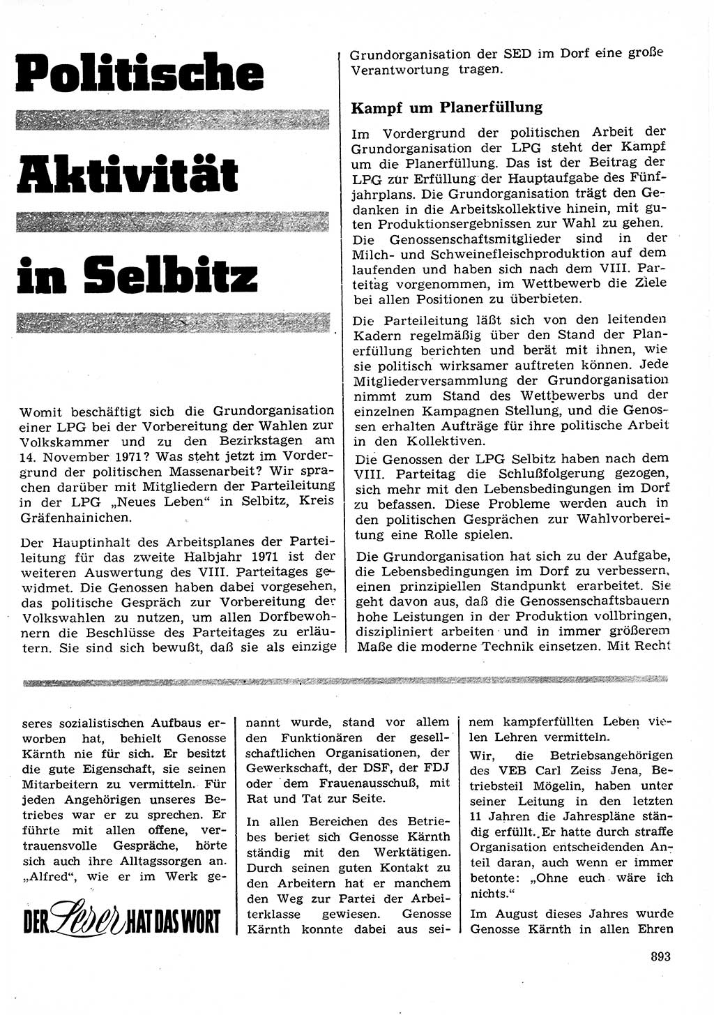 Neuer Weg (NW), Organ des Zentralkomitees (ZK) der SED (Sozialistische Einheitspartei Deutschlands) für Fragen des Parteilebens, 26. Jahrgang [Deutsche Demokratische Republik (DDR)] 1971, Seite 893 (NW ZK SED DDR 1971, S. 893)