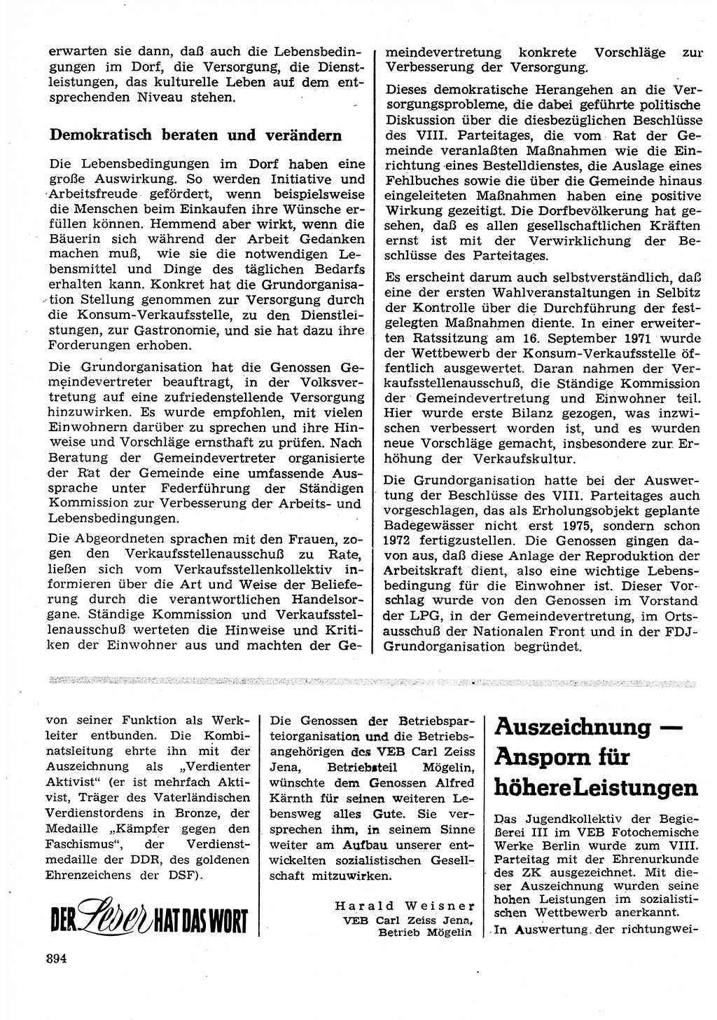 Neuer Weg (NW), Organ des Zentralkomitees (ZK) der SED (Sozialistische Einheitspartei Deutschlands) für Fragen des Parteilebens, 26. Jahrgang [Deutsche Demokratische Republik (DDR)] 1971, Seite 894 (NW ZK SED DDR 1971, S. 894)