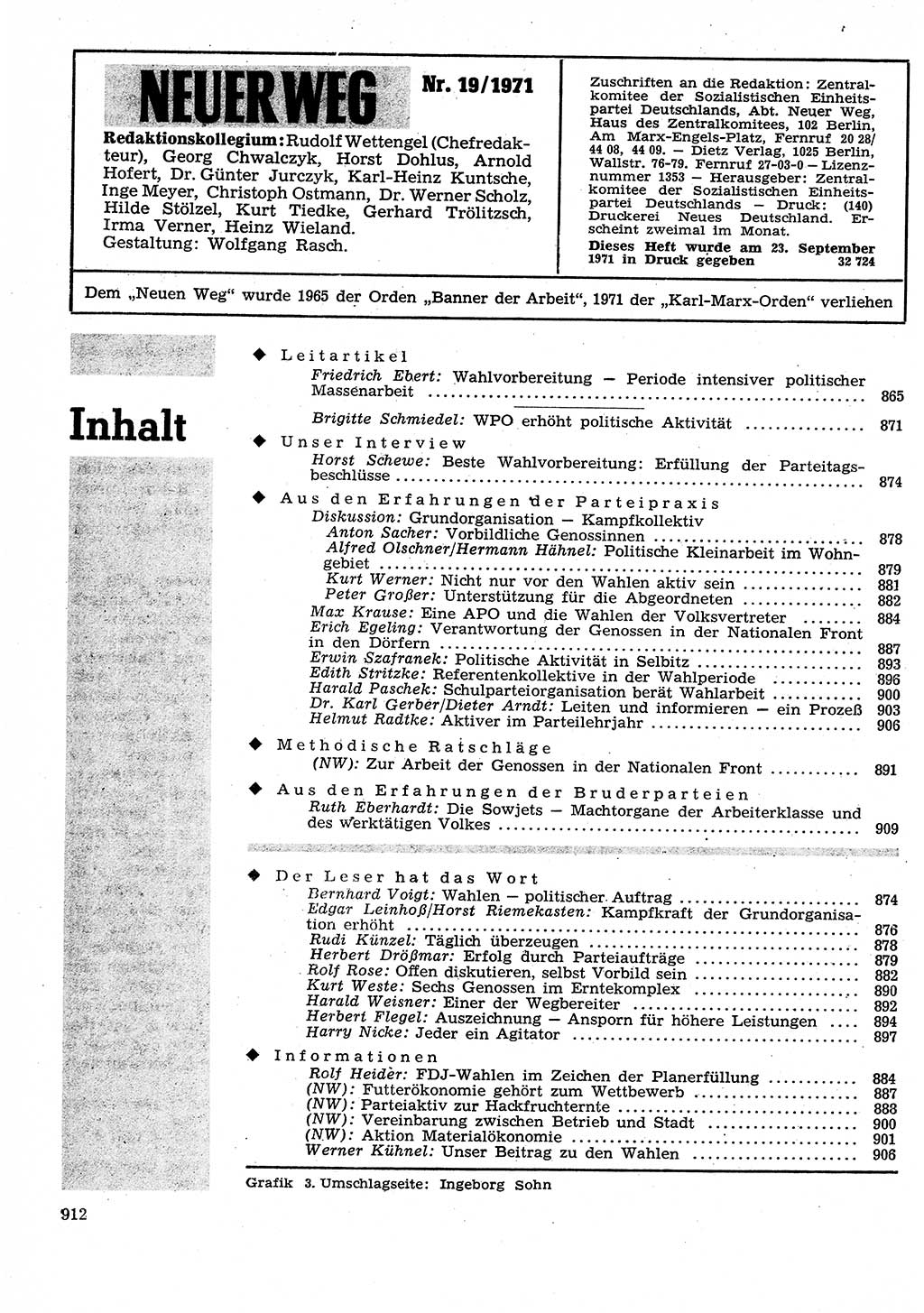 Neuer Weg (NW), Organ des Zentralkomitees (ZK) der SED (Sozialistische Einheitspartei Deutschlands) für Fragen des Parteilebens, 26. Jahrgang [Deutsche Demokratische Republik (DDR)] 1971, Seite 912 (NW ZK SED DDR 1971, S. 912)