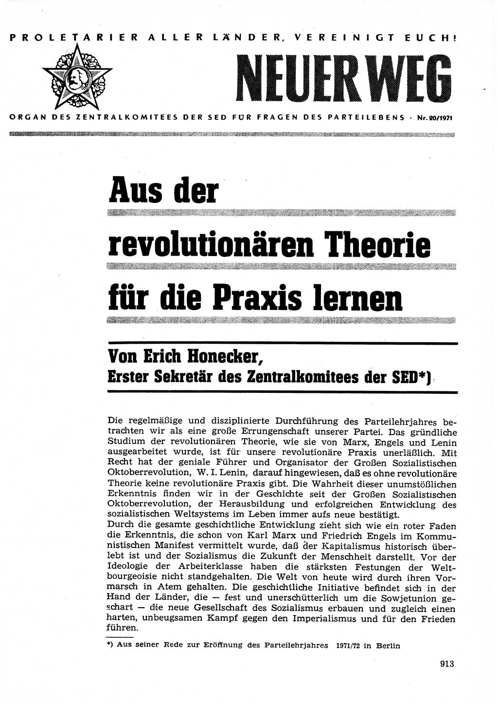 Neuer Weg (NW), Organ des Zentralkomitees (ZK) der SED (Sozialistische Einheitspartei Deutschlands) für Fragen des Parteilebens, 26. Jahrgang [Deutsche Demokratische Republik (DDR)] 1971, Seite 913 (NW ZK SED DDR 1971, S. 913)