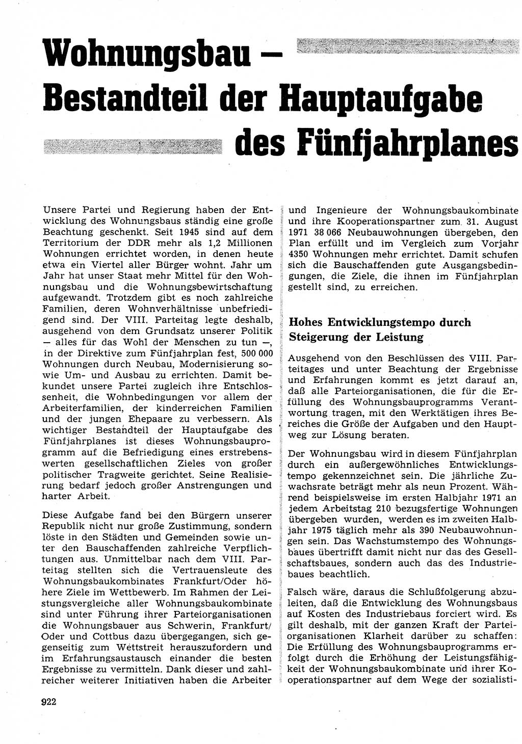 Neuer Weg (NW), Organ des Zentralkomitees (ZK) der SED (Sozialistische Einheitspartei Deutschlands) für Fragen des Parteilebens, 26. Jahrgang [Deutsche Demokratische Republik (DDR)] 1971, Seite 922 (NW ZK SED DDR 1971, S. 922)