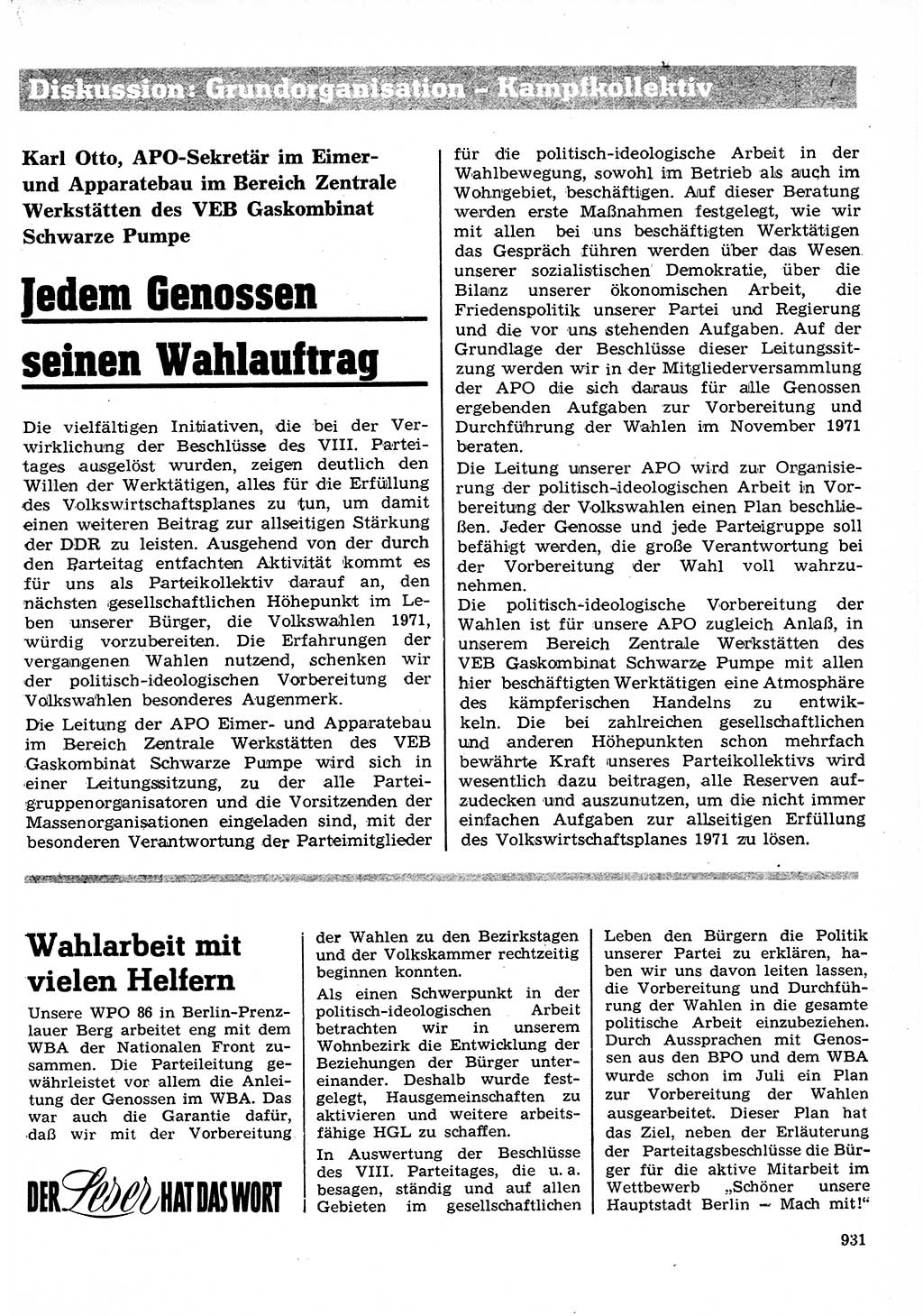 Neuer Weg (NW), Organ des Zentralkomitees (ZK) der SED (Sozialistische Einheitspartei Deutschlands) für Fragen des Parteilebens, 26. Jahrgang [Deutsche Demokratische Republik (DDR)] 1971, Seite 931 (NW ZK SED DDR 1971, S. 931)