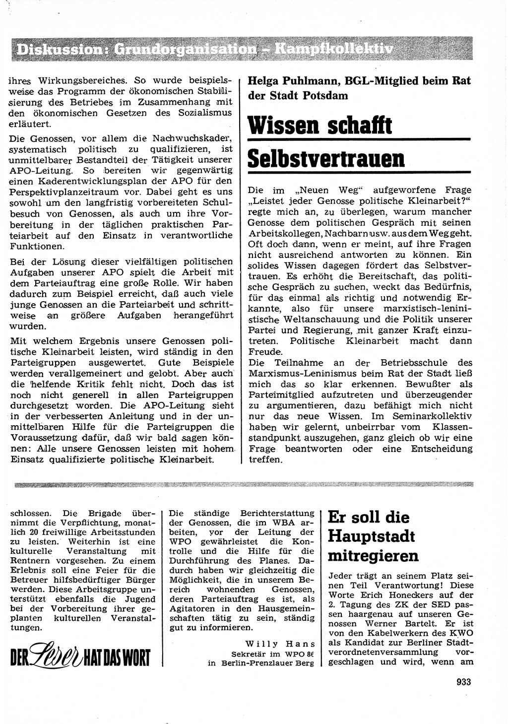Neuer Weg (NW), Organ des Zentralkomitees (ZK) der SED (Sozialistische Einheitspartei Deutschlands) für Fragen des Parteilebens, 26. Jahrgang [Deutsche Demokratische Republik (DDR)] 1971, Seite 933 (NW ZK SED DDR 1971, S. 933)