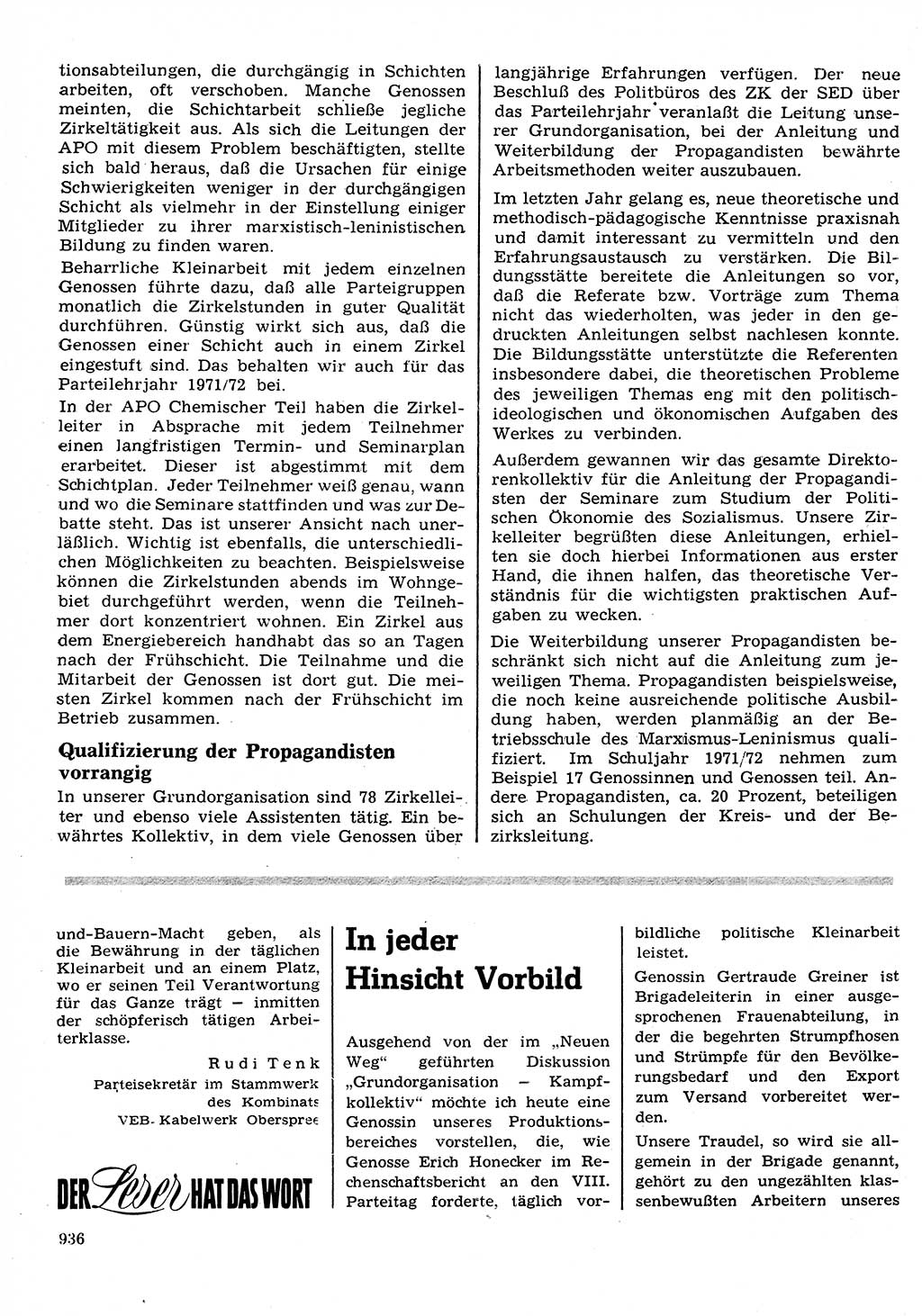 Neuer Weg (NW), Organ des Zentralkomitees (ZK) der SED (Sozialistische Einheitspartei Deutschlands) für Fragen des Parteilebens, 26. Jahrgang [Deutsche Demokratische Republik (DDR)] 1971, Seite 936 (NW ZK SED DDR 1971, S. 936)