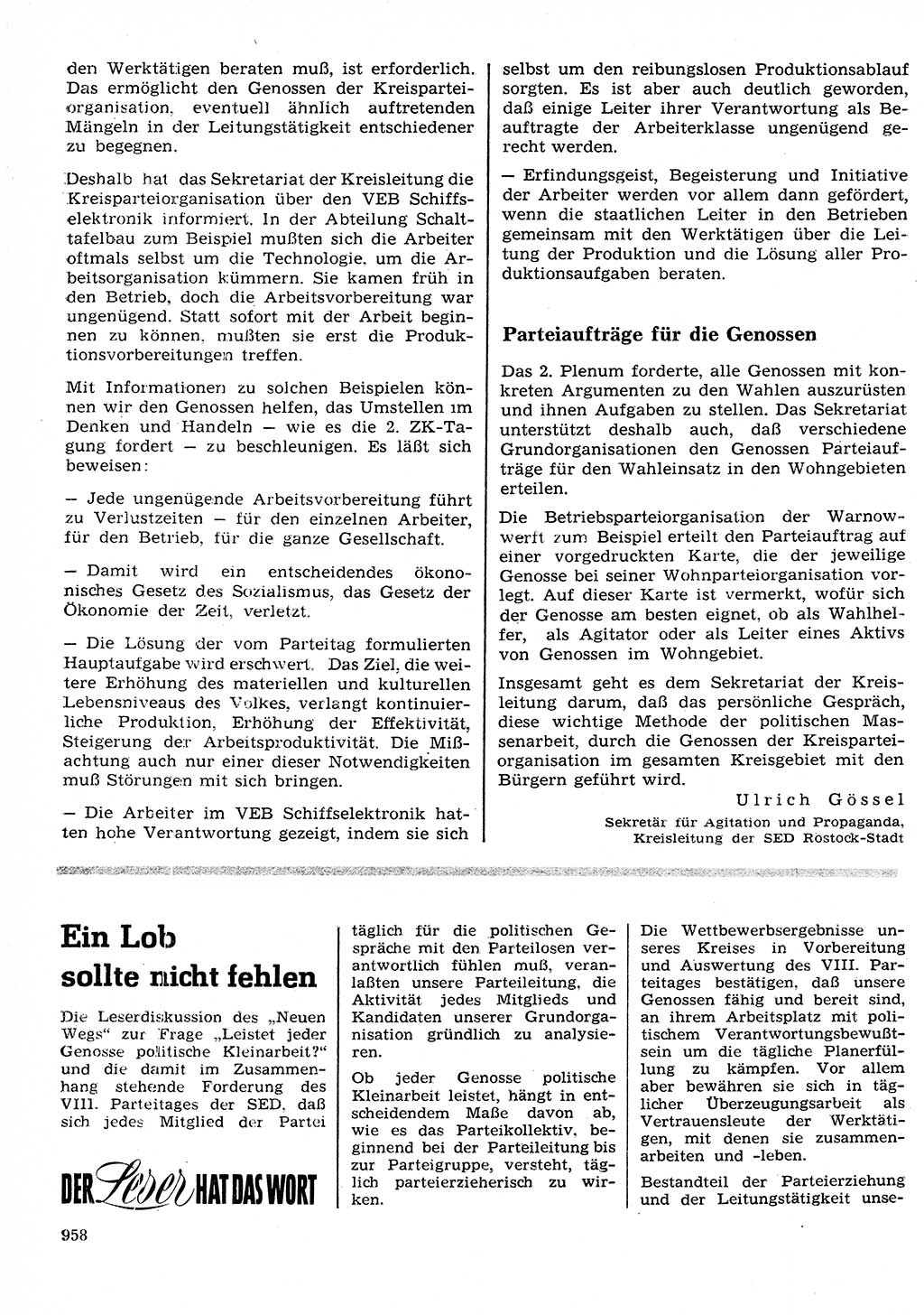 Neuer Weg (NW), Organ des Zentralkomitees (ZK) der SED (Sozialistische Einheitspartei Deutschlands) für Fragen des Parteilebens, 26. Jahrgang [Deutsche Demokratische Republik (DDR)] 1971, Seite 958 (NW ZK SED DDR 1971, S. 958)