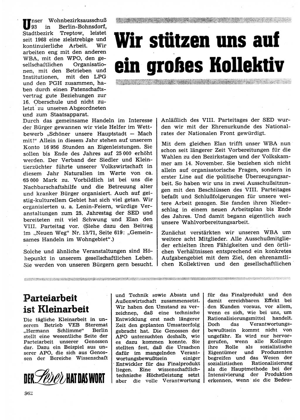 Neuer Weg (NW), Organ des Zentralkomitees (ZK) der SED (Sozialistische Einheitspartei Deutschlands) für Fragen des Parteilebens, 26. Jahrgang [Deutsche Demokratische Republik (DDR)] 1971, Seite 962 (NW ZK SED DDR 1971, S. 962)