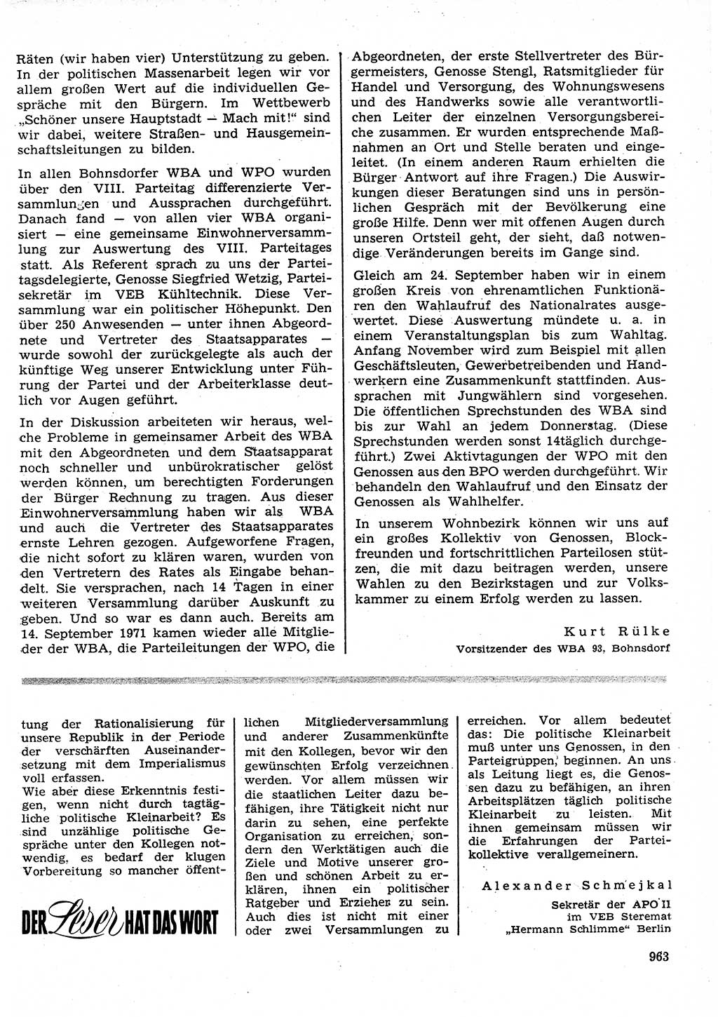 Neuer Weg (NW), Organ des Zentralkomitees (ZK) der SED (Sozialistische Einheitspartei Deutschlands) für Fragen des Parteilebens, 26. Jahrgang [Deutsche Demokratische Republik (DDR)] 1971, Seite 963 (NW ZK SED DDR 1971, S. 963)