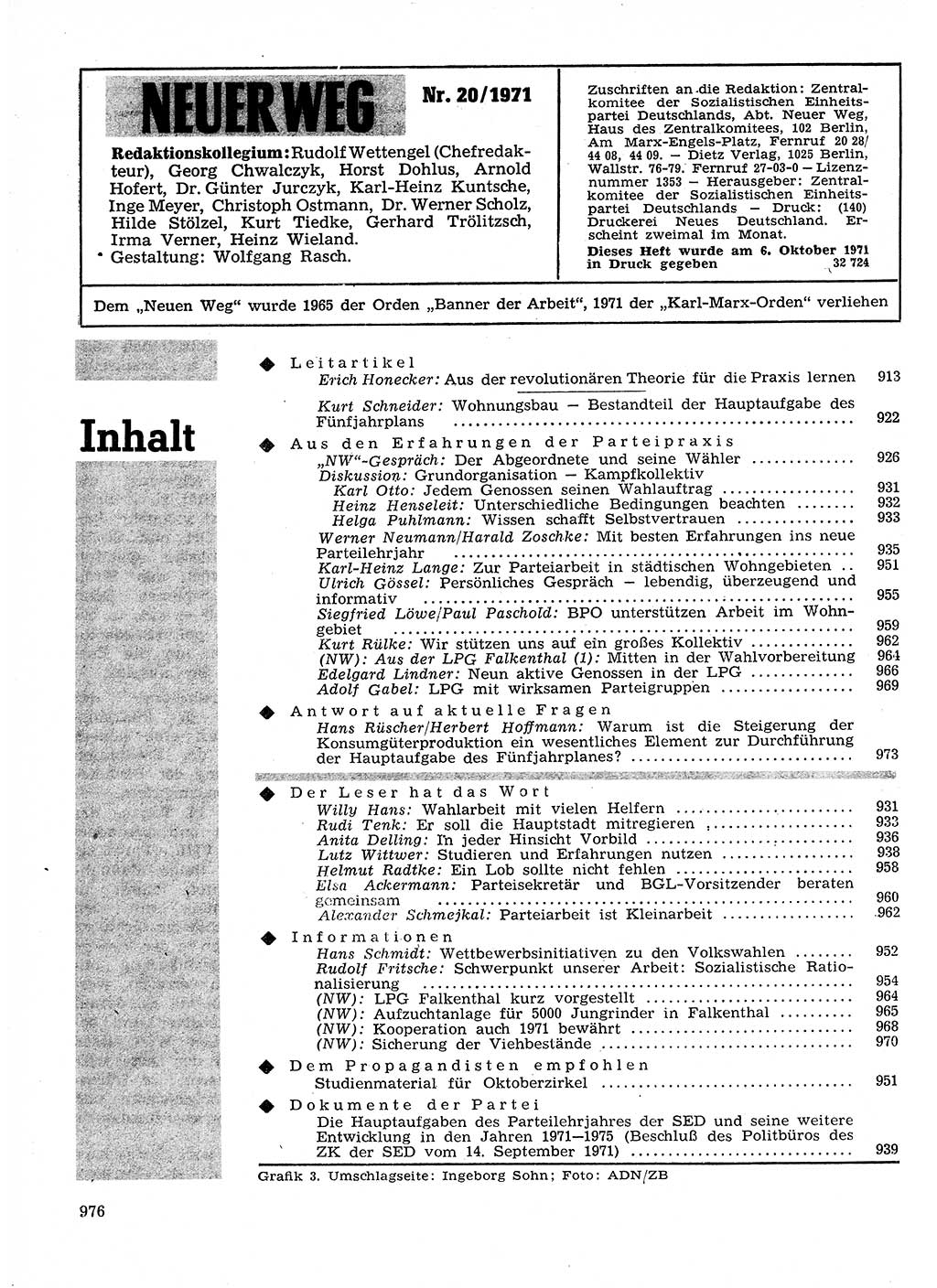 Neuer Weg (NW), Organ des Zentralkomitees (ZK) der SED (Sozialistische Einheitspartei Deutschlands) für Fragen des Parteilebens, 26. Jahrgang [Deutsche Demokratische Republik (DDR)] 1971, Seite 976 (NW ZK SED DDR 1971, S. 976)