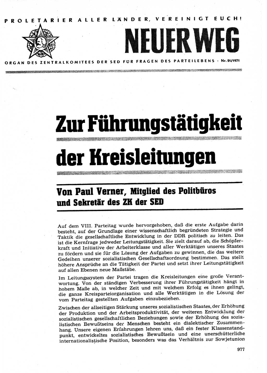 Neuer Weg (NW), Organ des Zentralkomitees (ZK) der SED (Sozialistische Einheitspartei Deutschlands) für Fragen des Parteilebens, 26. Jahrgang [Deutsche Demokratische Republik (DDR)] 1971, Seite 977 (NW ZK SED DDR 1971, S. 977)