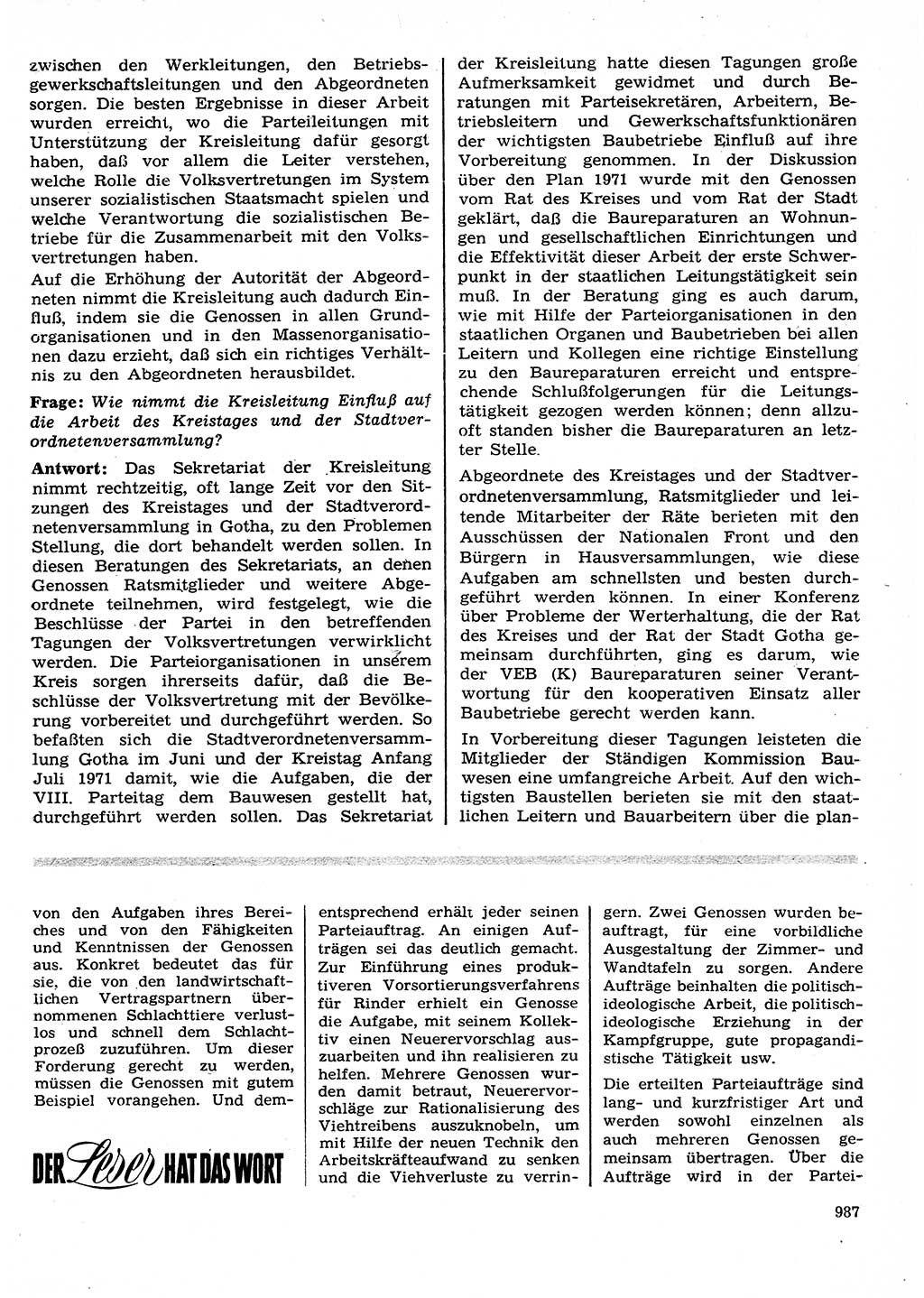 Neuer Weg (NW), Organ des Zentralkomitees (ZK) der SED (Sozialistische Einheitspartei Deutschlands) für Fragen des Parteilebens, 26. Jahrgang [Deutsche Demokratische Republik (DDR)] 1971, Seite 987 (NW ZK SED DDR 1971, S. 987)
