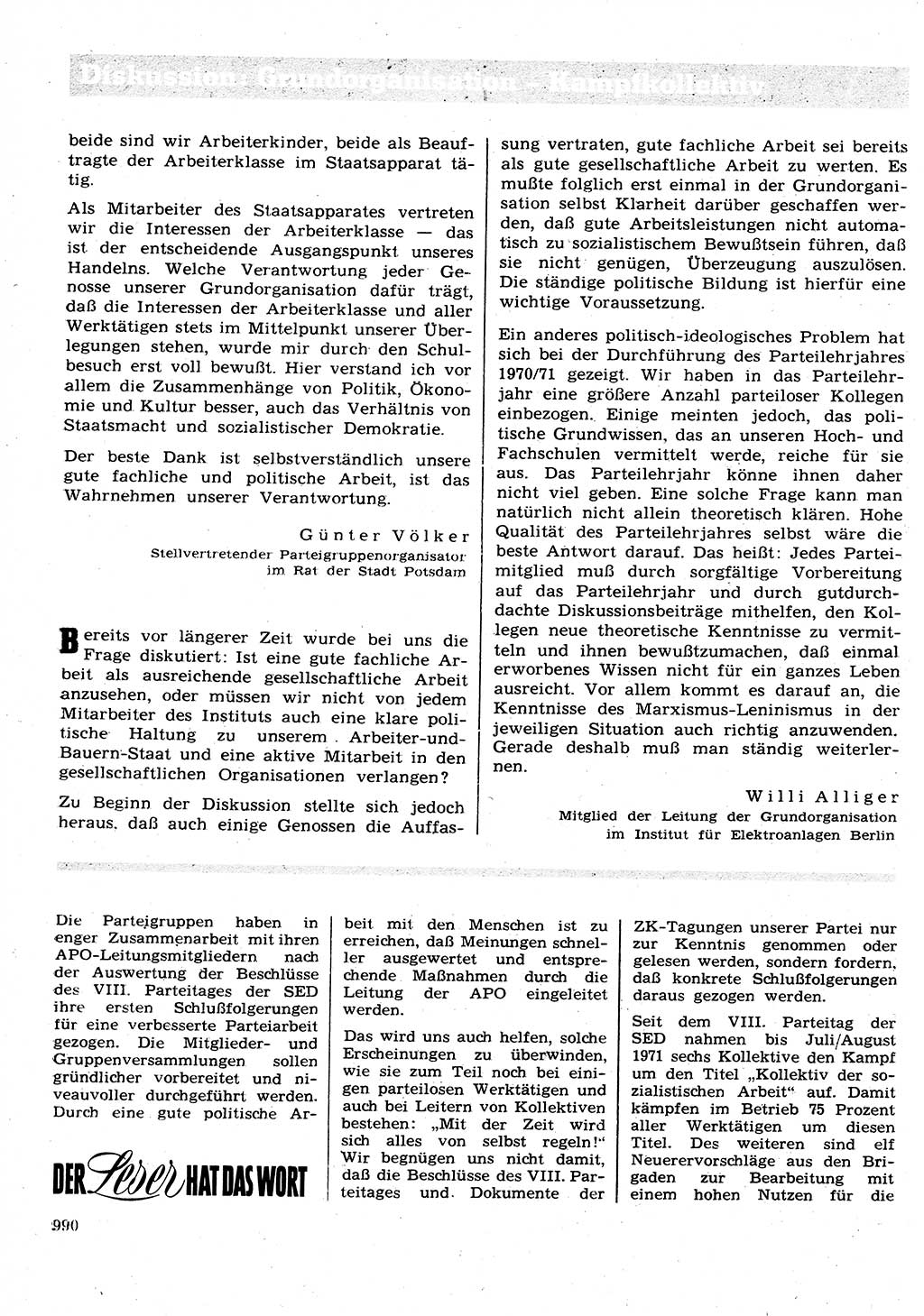 Neuer Weg (NW), Organ des Zentralkomitees (ZK) der SED (Sozialistische Einheitspartei Deutschlands) für Fragen des Parteilebens, 26. Jahrgang [Deutsche Demokratische Republik (DDR)] 1971, Seite 990 (NW ZK SED DDR 1971, S. 990)